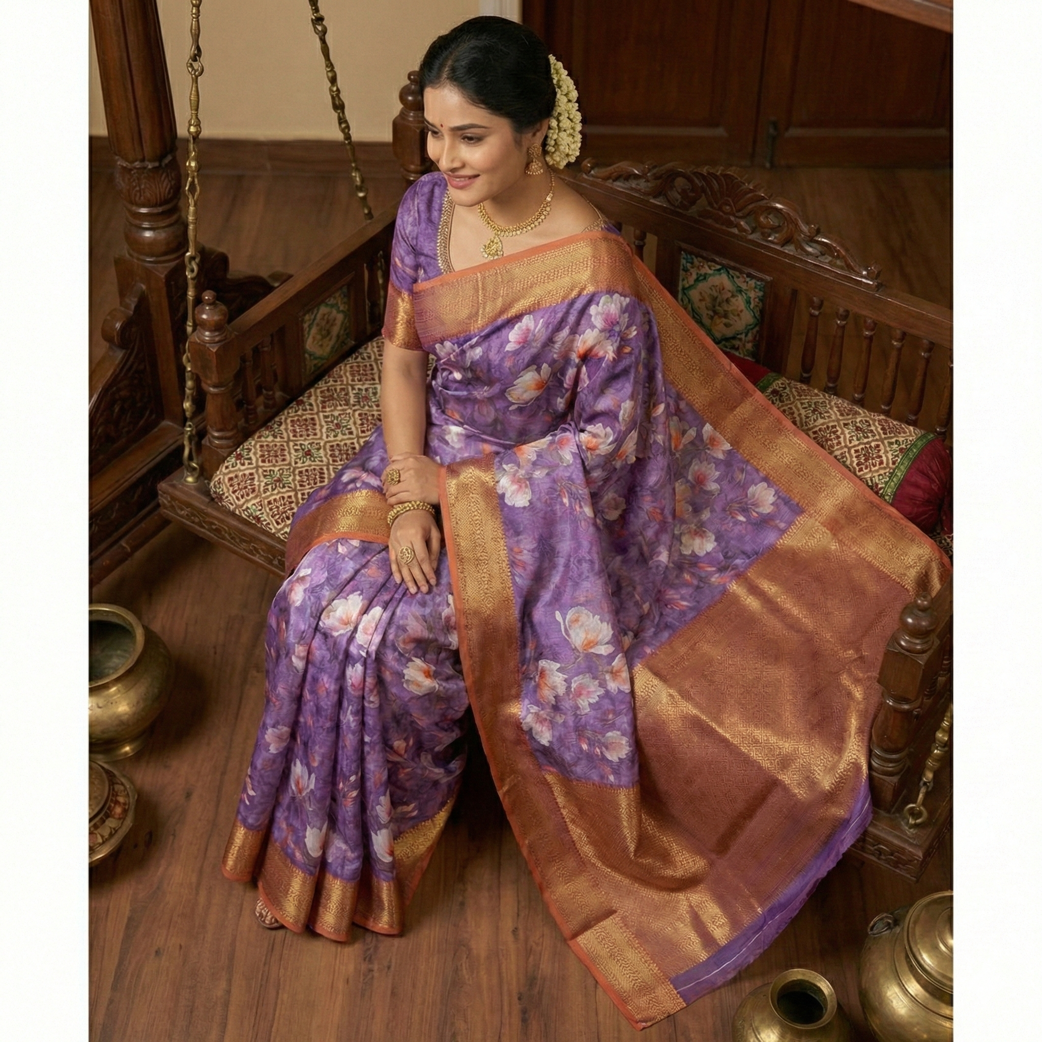 Sarada Collections | Purple Floral Print Saree with Broad Antique Zari Border - Image 3